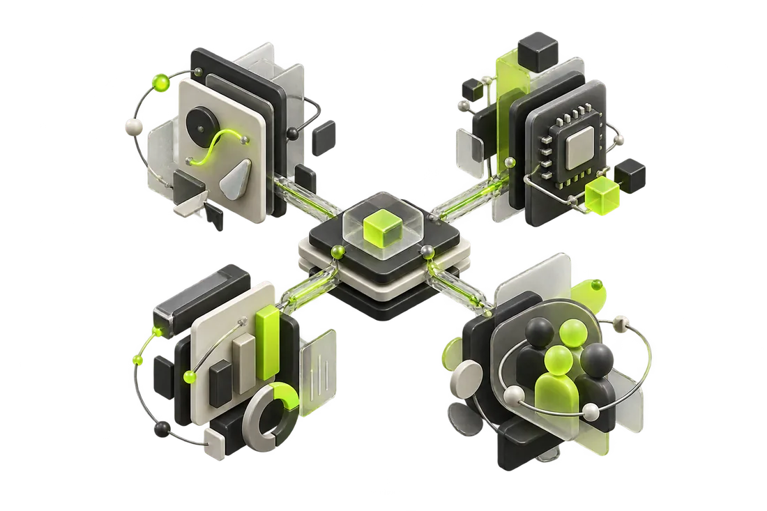 3D illustration linking four connected facets of product work — design, technology, product, and people — around a central hub.