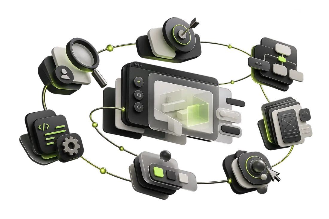 3D illustration of a product-design workflow: a central screen surrounded by research, code, wireframe and testing nodes.