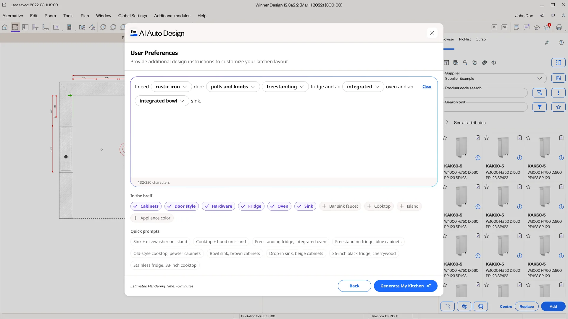 AI Auto Design prompt builder: a natural-language sentence with inline dropdowns for door pulls, fridge, oven and sink, with 'in the brief' chips (Cabinets, Door style, Hardware, Fridge, Oven, Sink) checked and quick-prompt presets below.