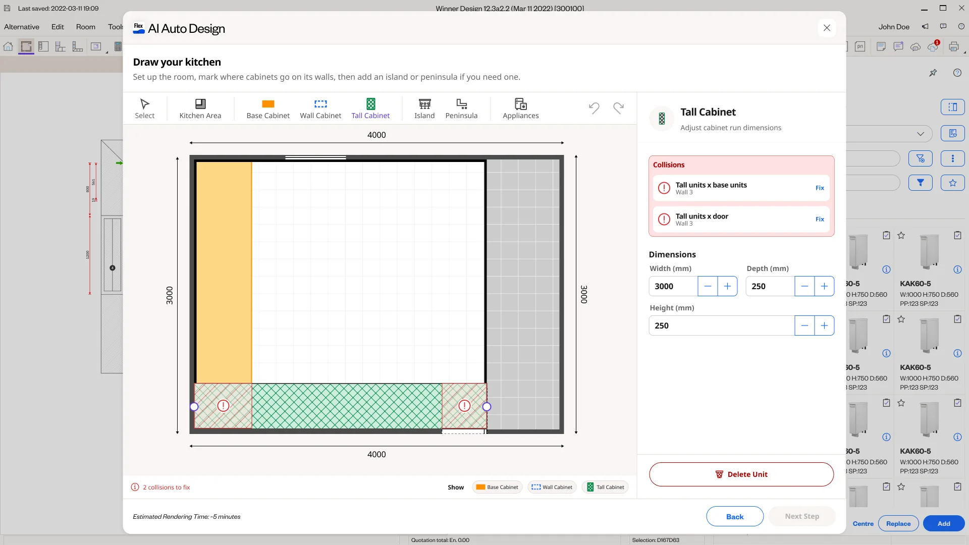 Draw canvas showing two collisions flagged in red on the drawing, a Collisions panel listing 'Tall units x base units' and 'Tall units x door' each with a Fix action, and '2 collisions to fix' with Next Step disabled.