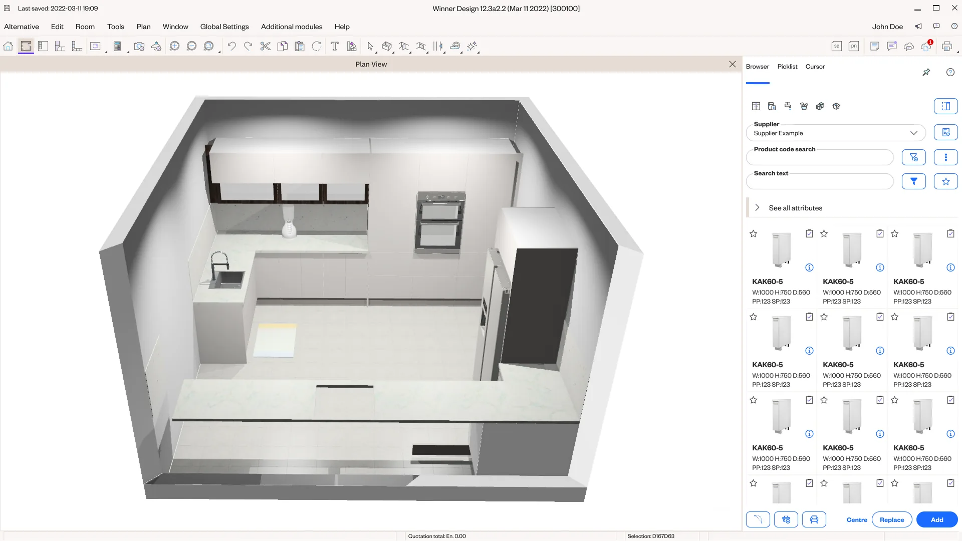 A generated kitchen exported back into Winner Design for continued editing.