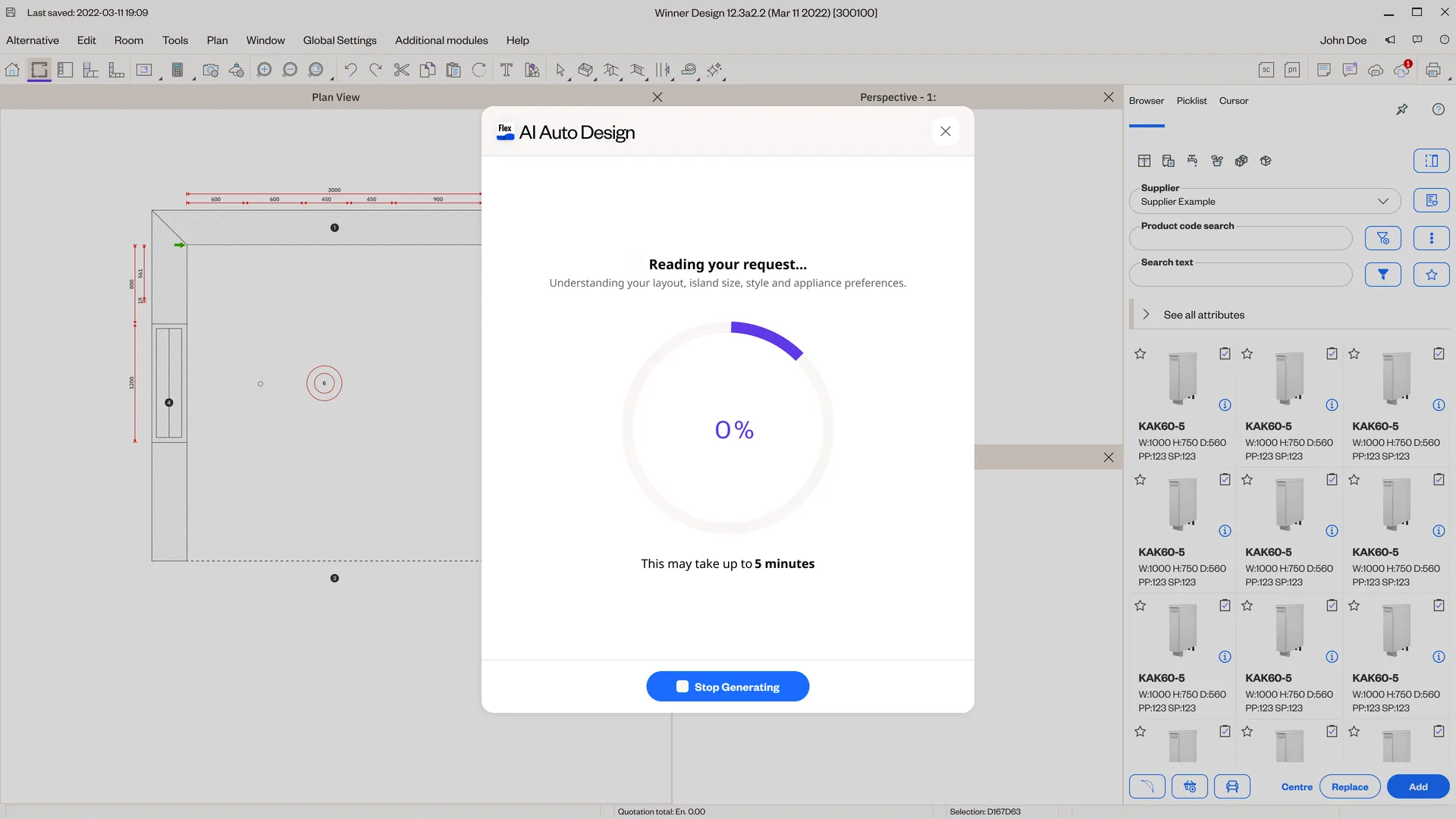 AI Auto Design generating state with a progress ring and rendering-time estimate.
