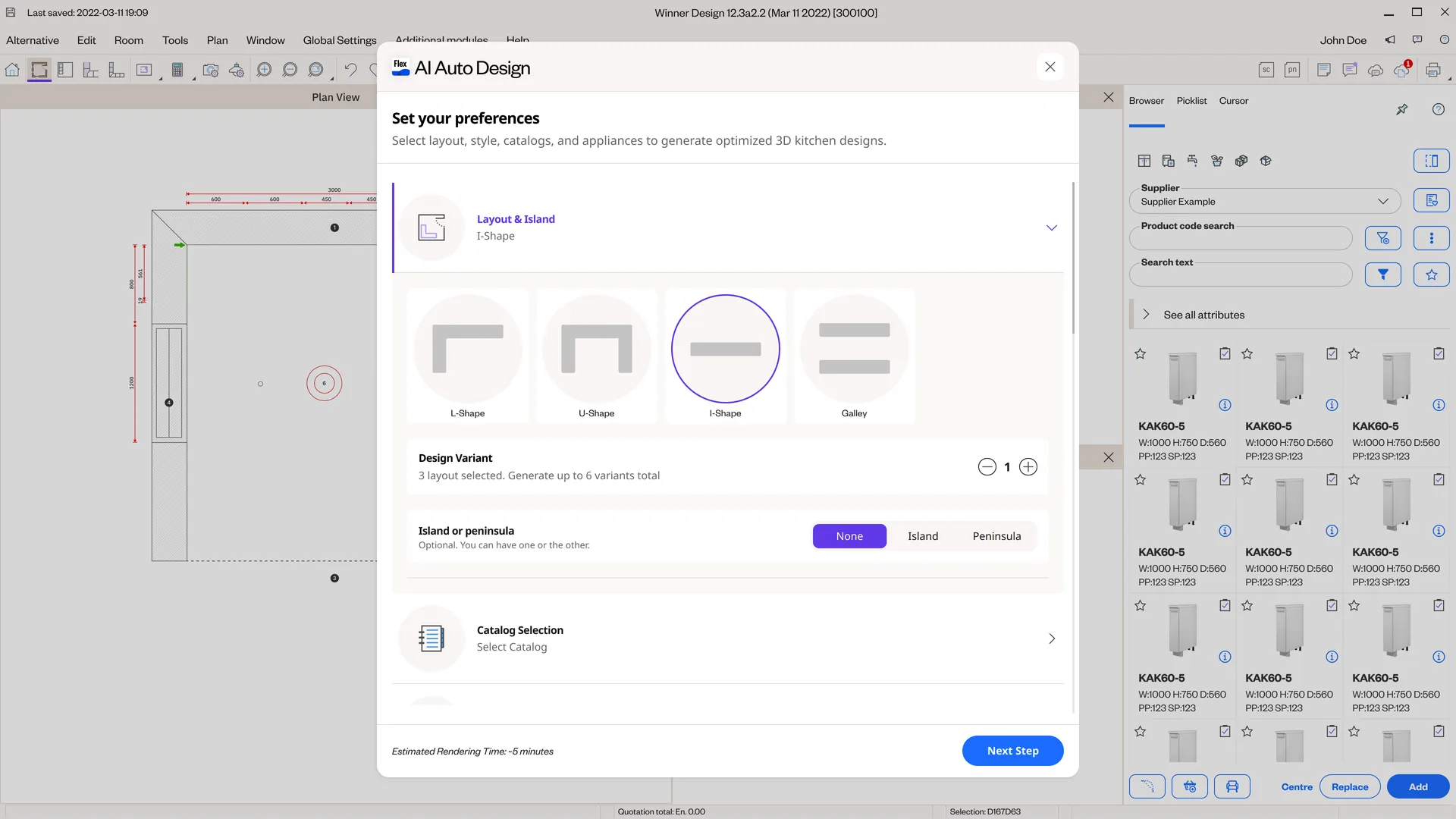 Preset preferences scrolled down: the layout shapes with I-Shape selected and island set to None, and a 'Catalog Selection — Select Catalog' row that opens the catalogs the generated kitchen must be built from.