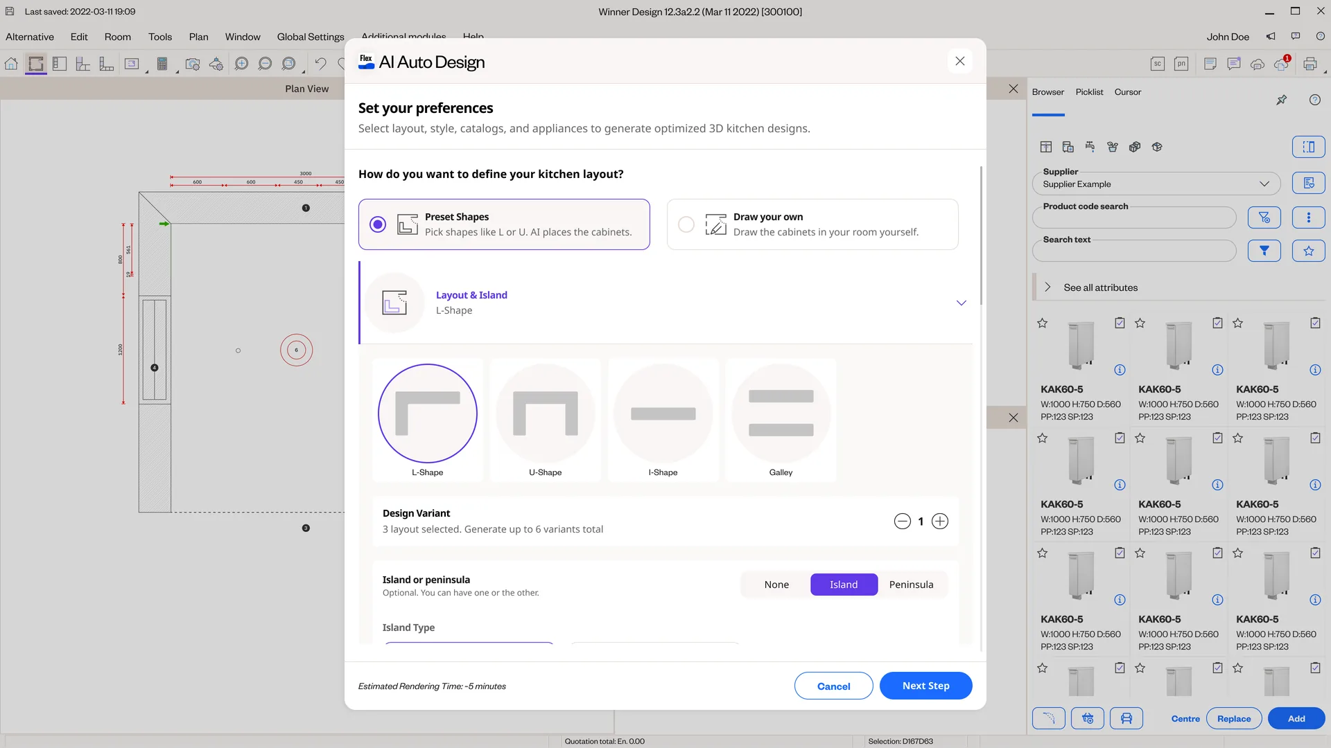 AI Auto Design 'Set your preferences' dialog in Preset mode: Preset Shapes selected, a Layout & Island section with L-Shape, U-Shape, I-Shape and Galley cards (L-Shape chosen), a design-variant counter, and an Island / Peninsula toggle.