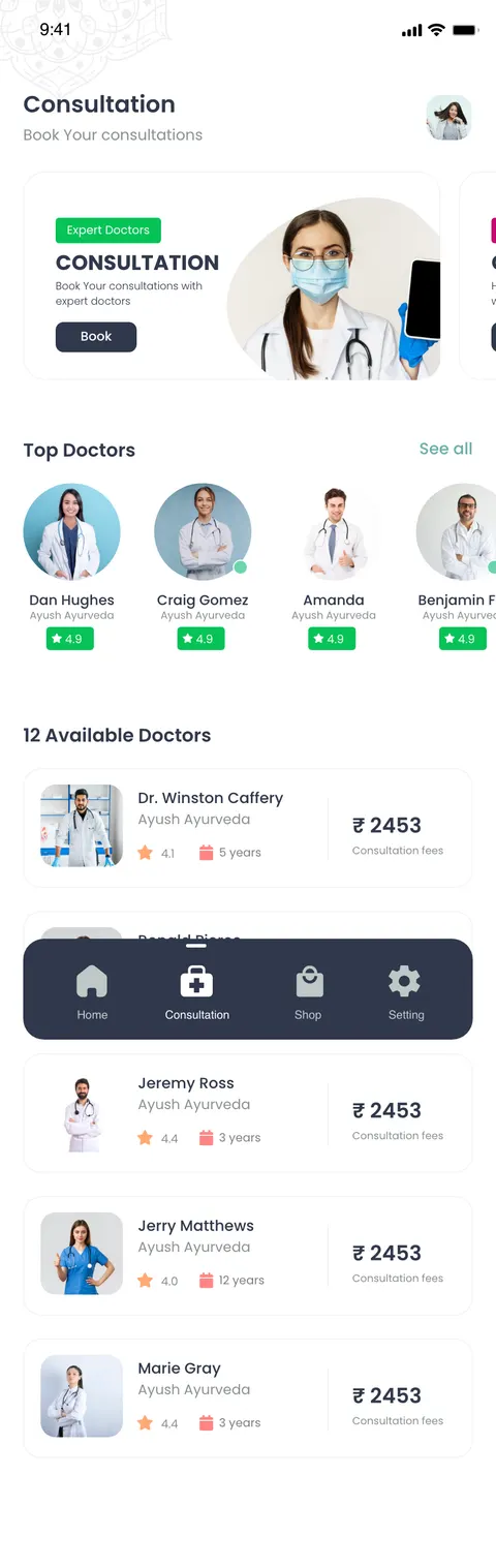 The Ayuvya consultation screen — book a consultation with expert Ayurvedic doctors.