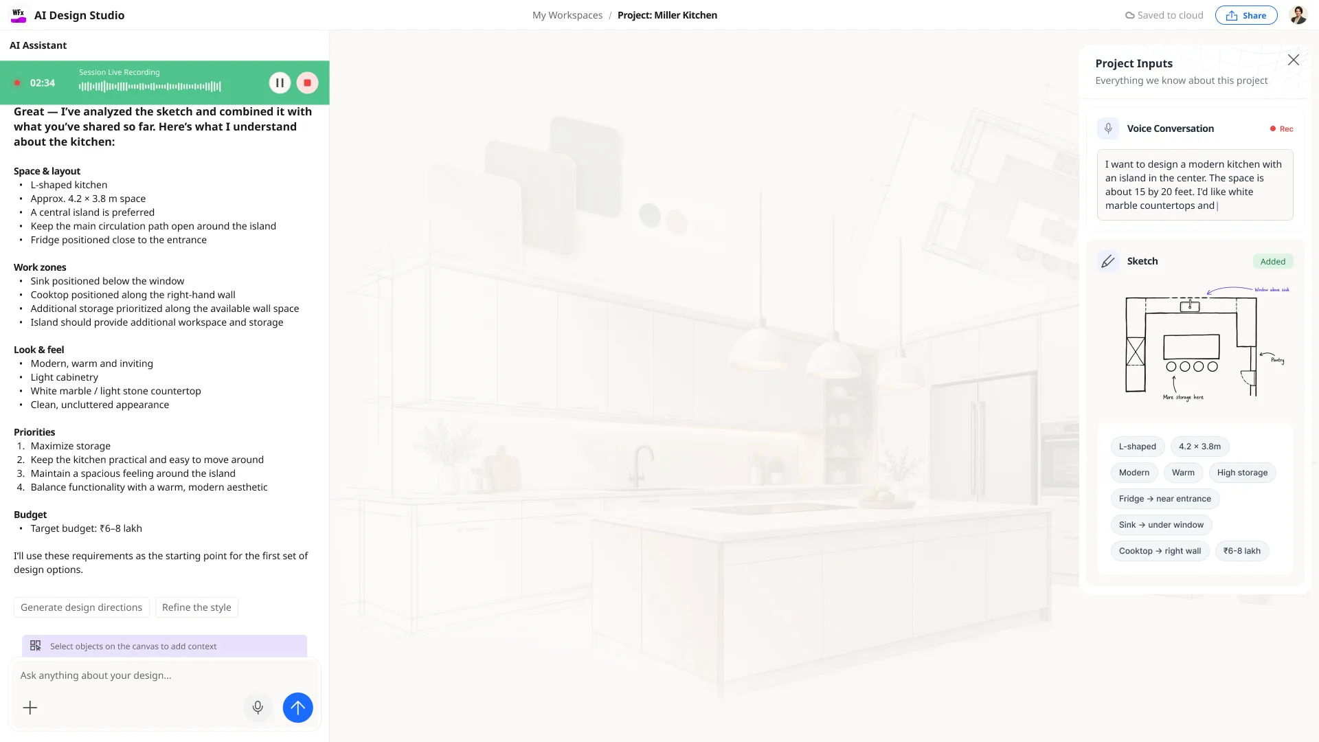 A structured design brief assembled by the AI — materials, style, appliances, priorities and budget — beside a wireframe of the room.
