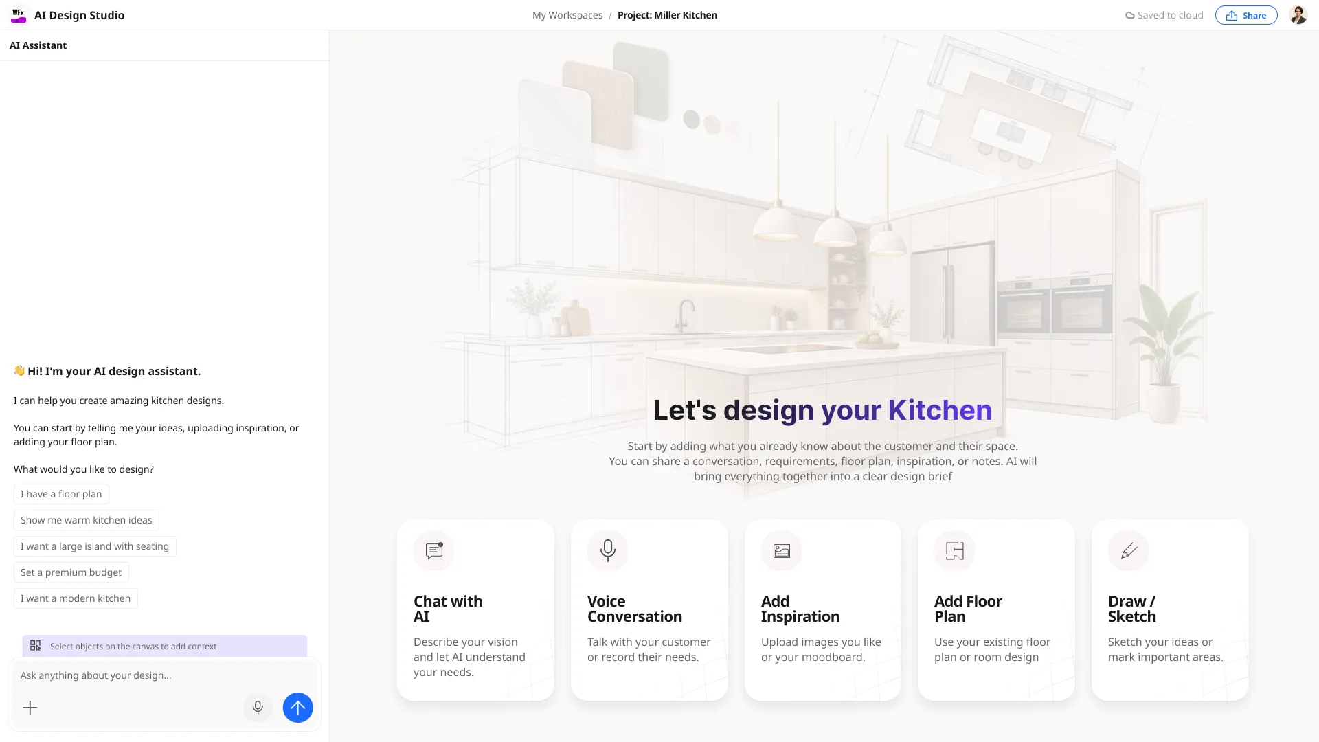 AI Design Studio entry: an AI assistant chat on the left and “Let's design your Kitchen” on the right over a wireframe kitchen, with five ways to start — Chat with AI, Voice Conversation, Add Inspiration, Add Floor Plan, Draw / Sketch.