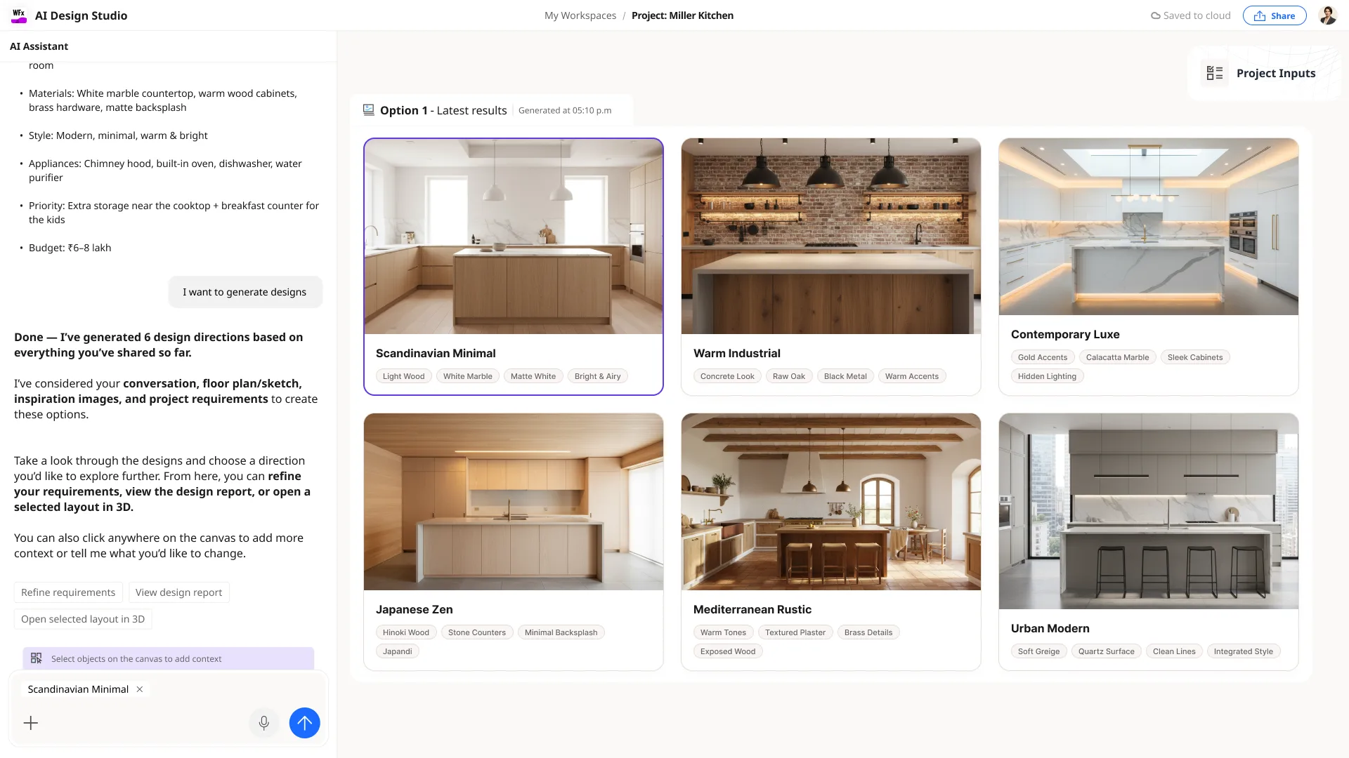 Six generated kitchen directions — Scandinavian Minimal, Warm Industrial, Contemporary Luxe, Japanese Zen, Mediterranean Rustic, Urban Modern — each with material tags, beside the captured brief and actions to refine, view the report, or open in 3D.