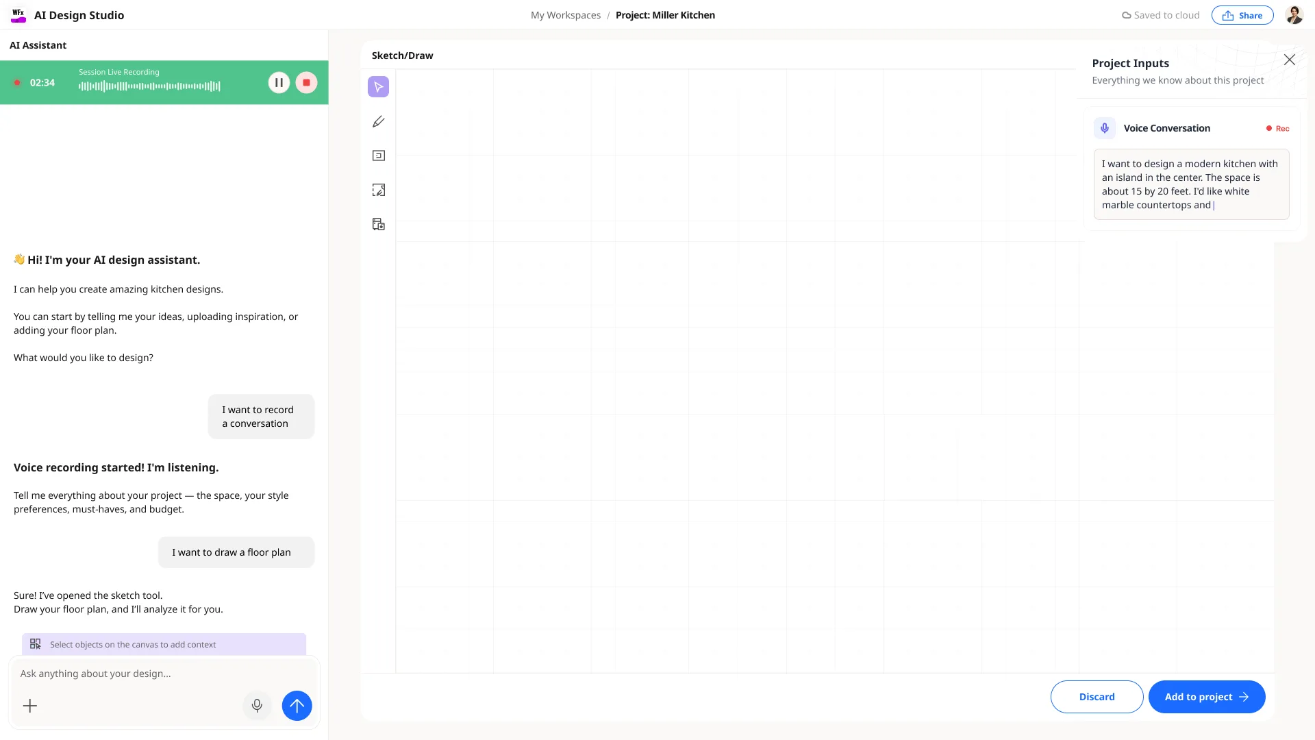 A voice-conversation state with a live recording bar and an animated audio waveform, while the AI assistant captures the brief.
