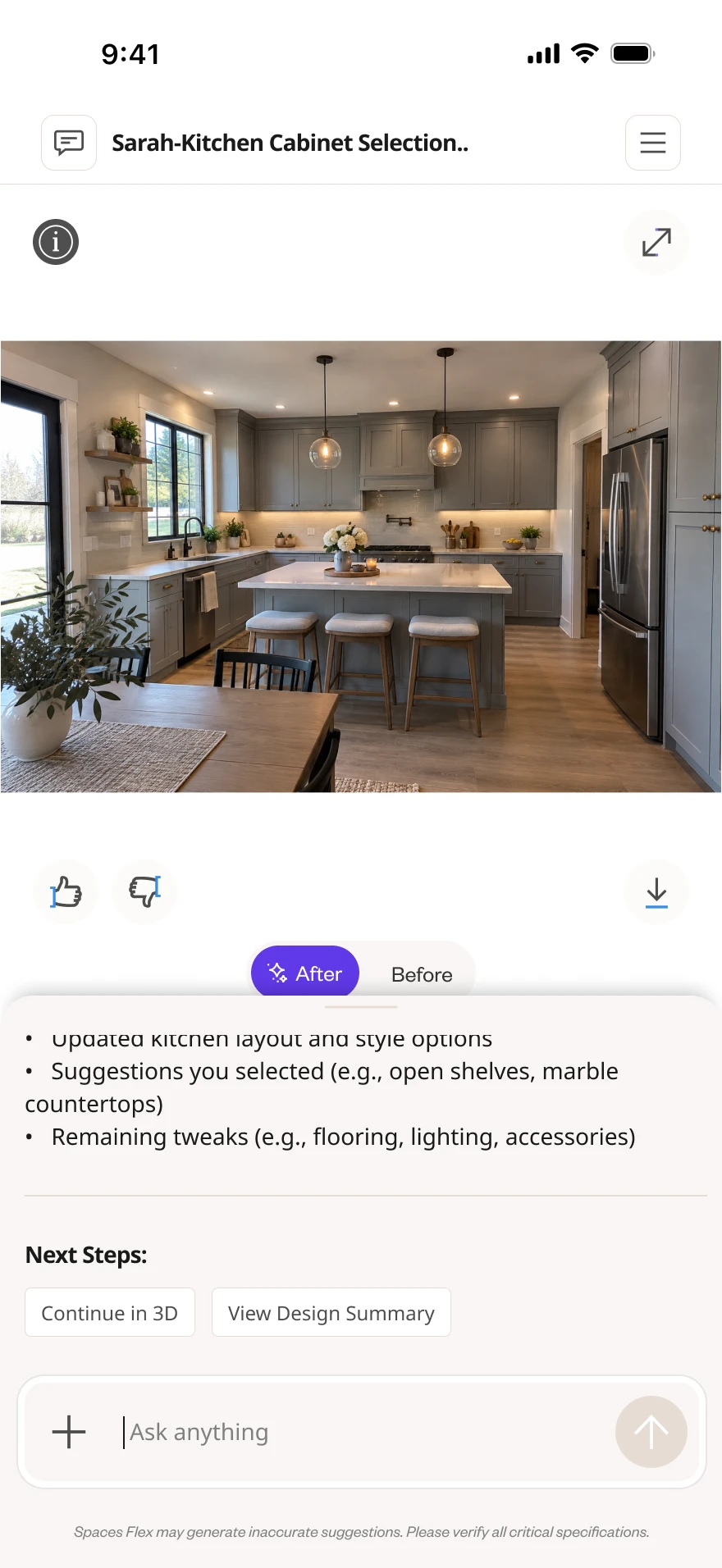 Generated kitchen result with Before/After and next steps.
