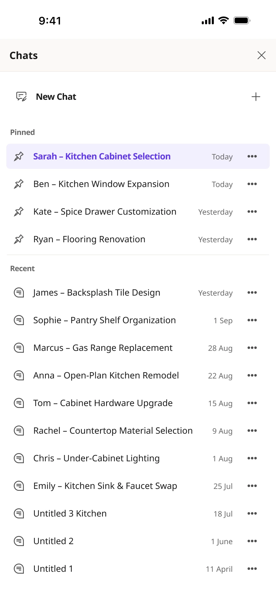 Conversation list — pinned and recent, each named by customer and topic.