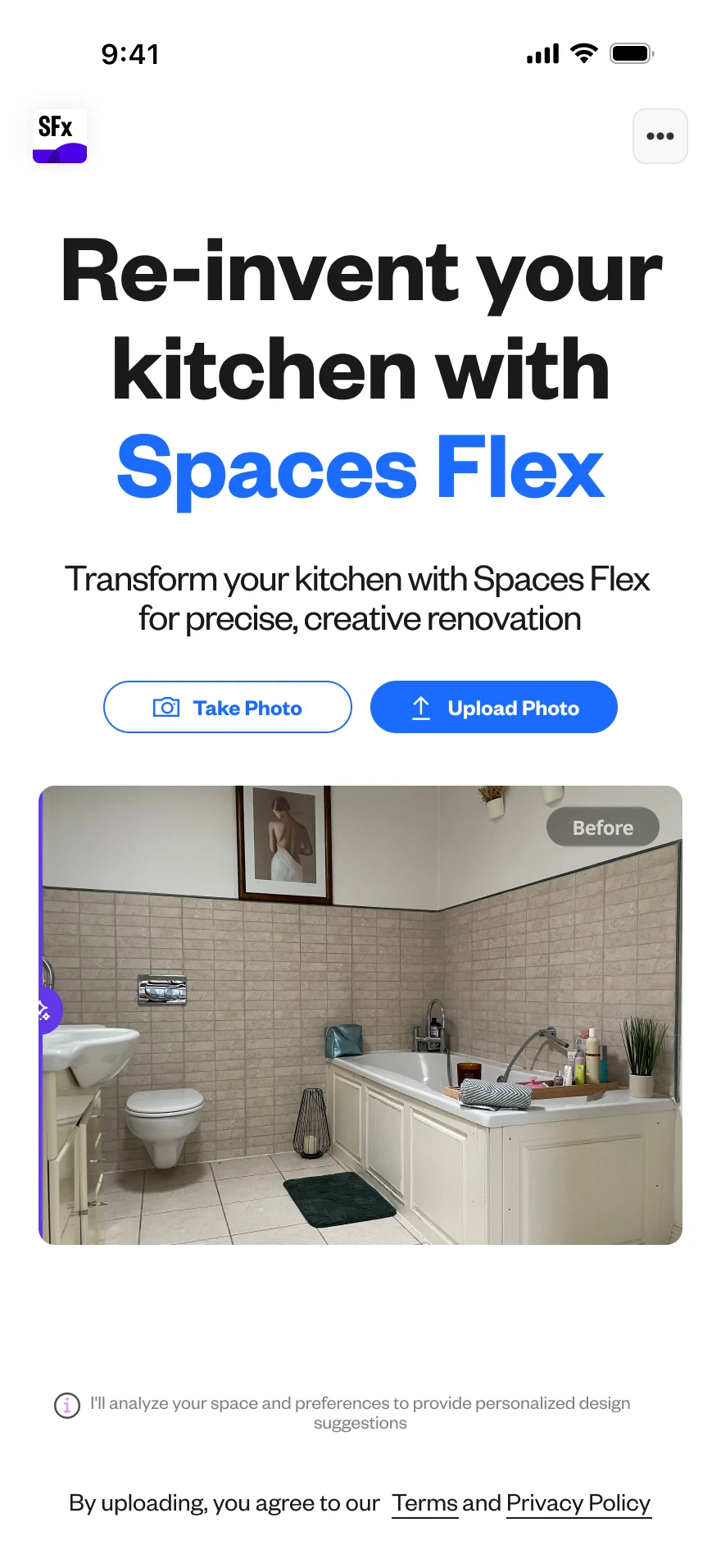 Leap landing — re-invent your kitchen, with Take Photo / Upload Photo.
