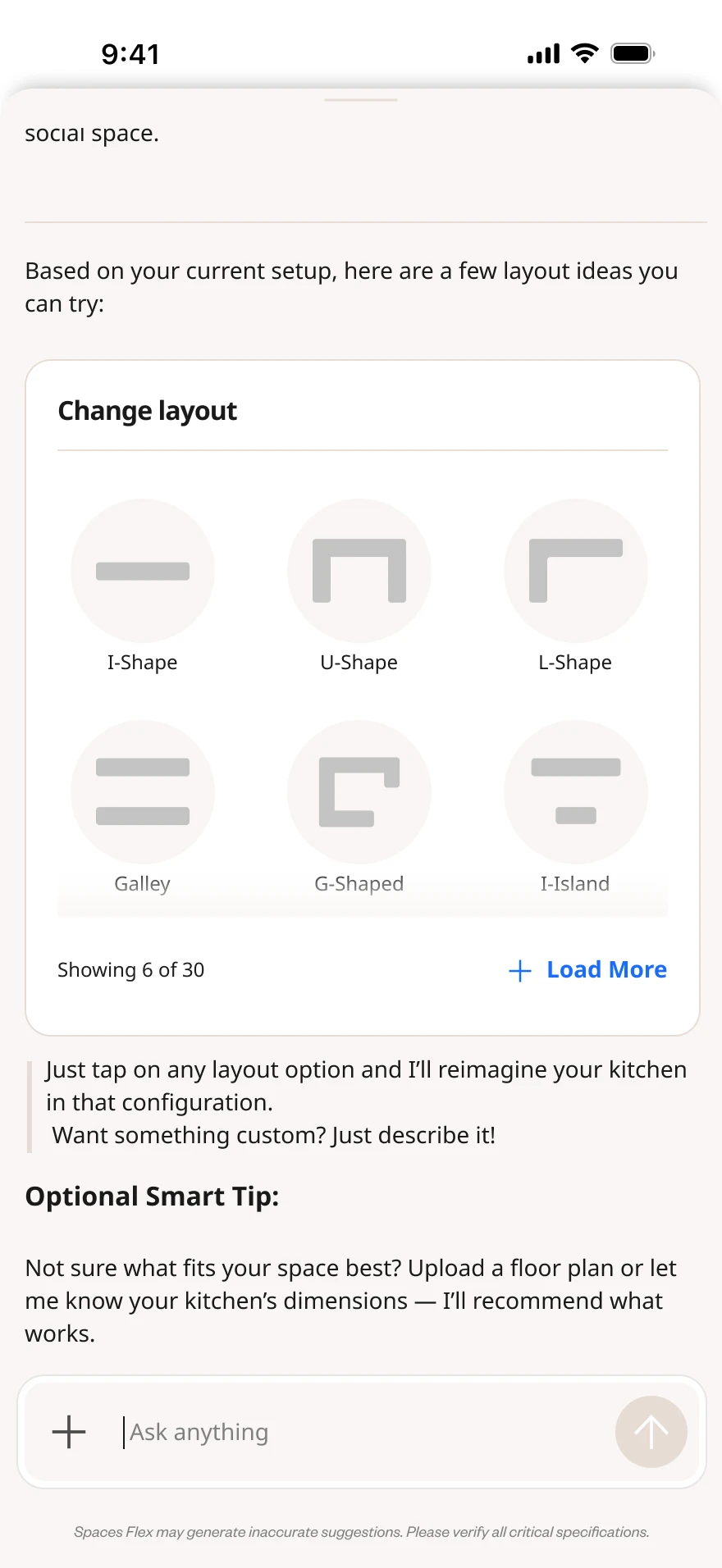 Change-layout picker with kitchen shapes.