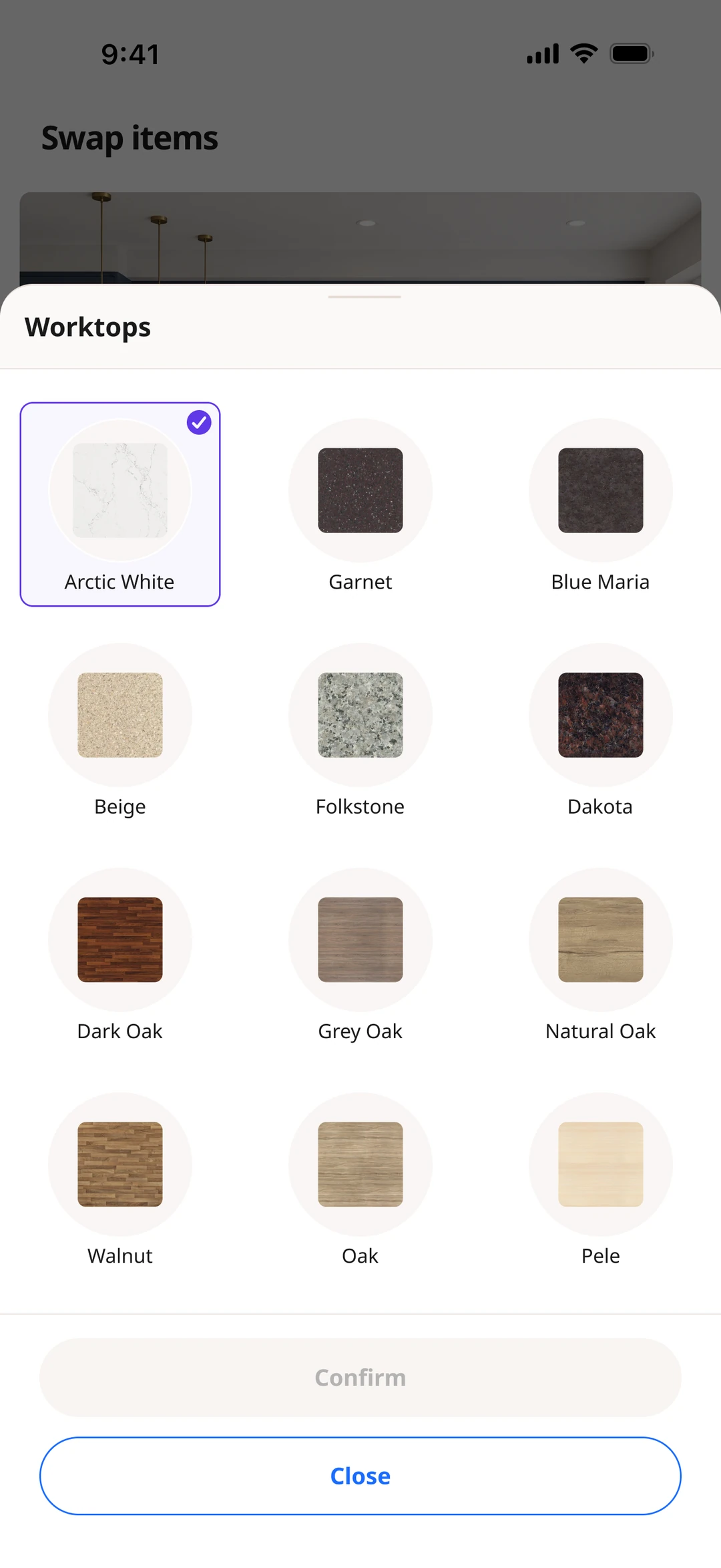 Finish selection — worktop material swatches.