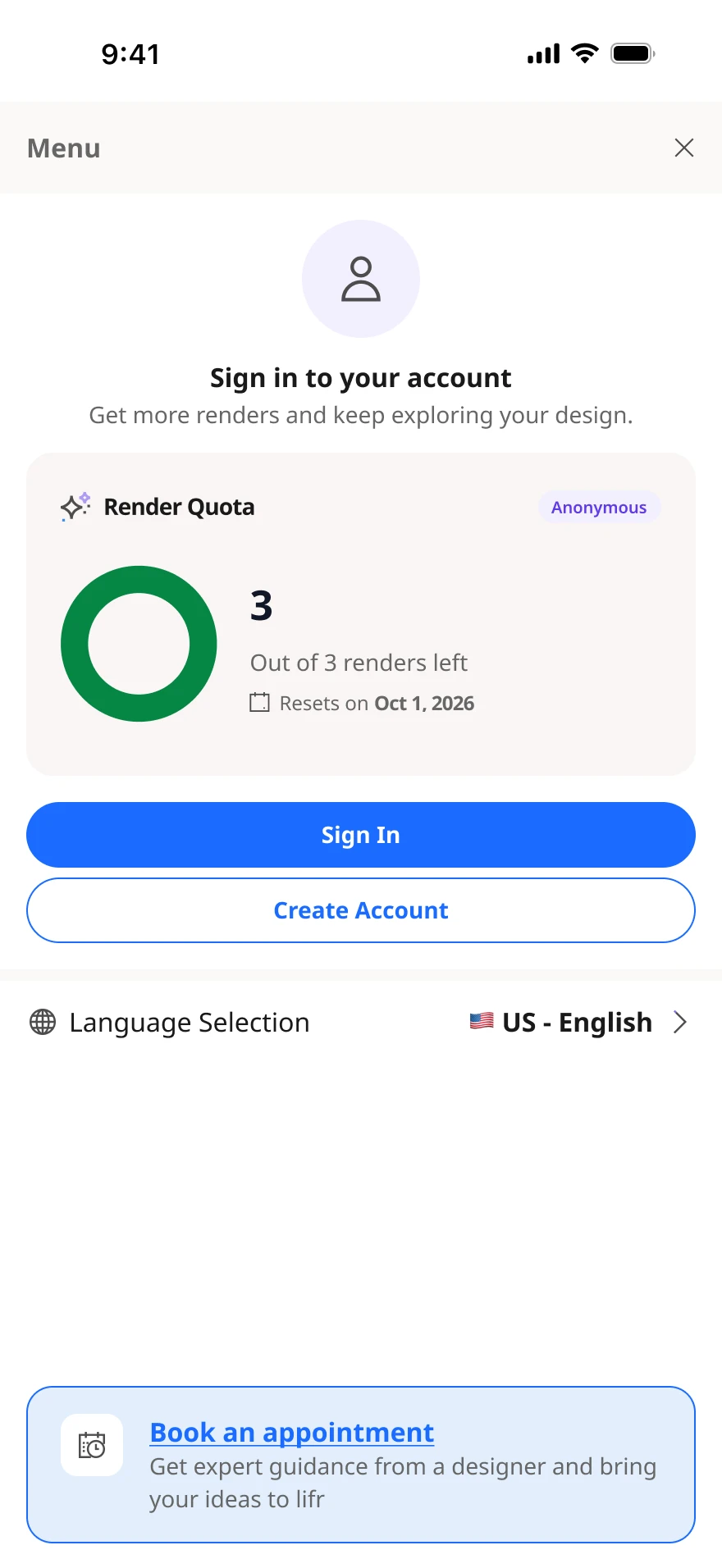Anonymous menu — Render Quota 3 of 3 left, resets monthly, with Sign In / Create Account.