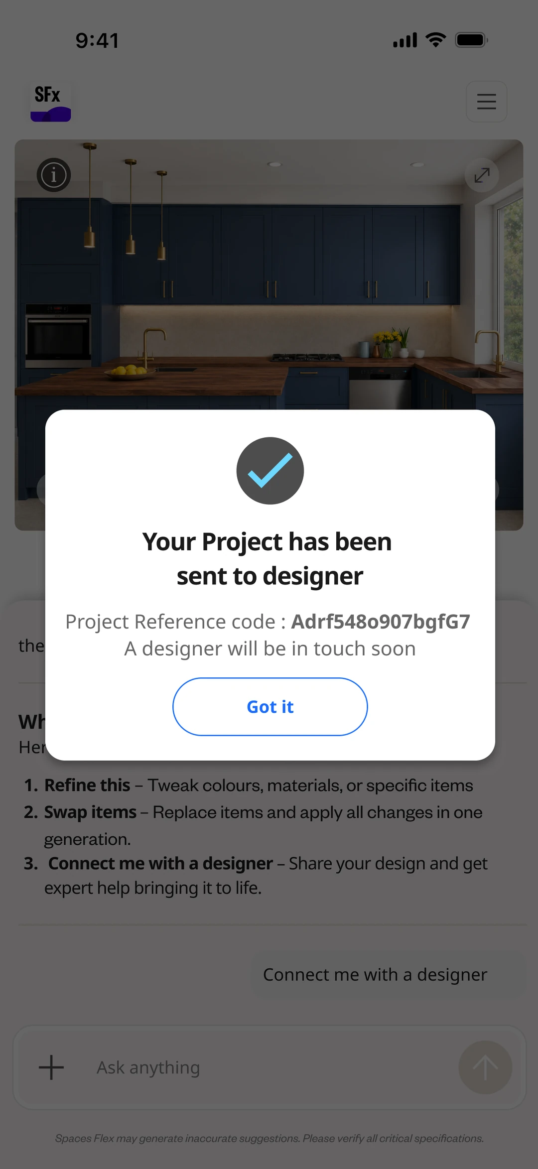 Confirmation that the project was sent to a designer, with a reference code.