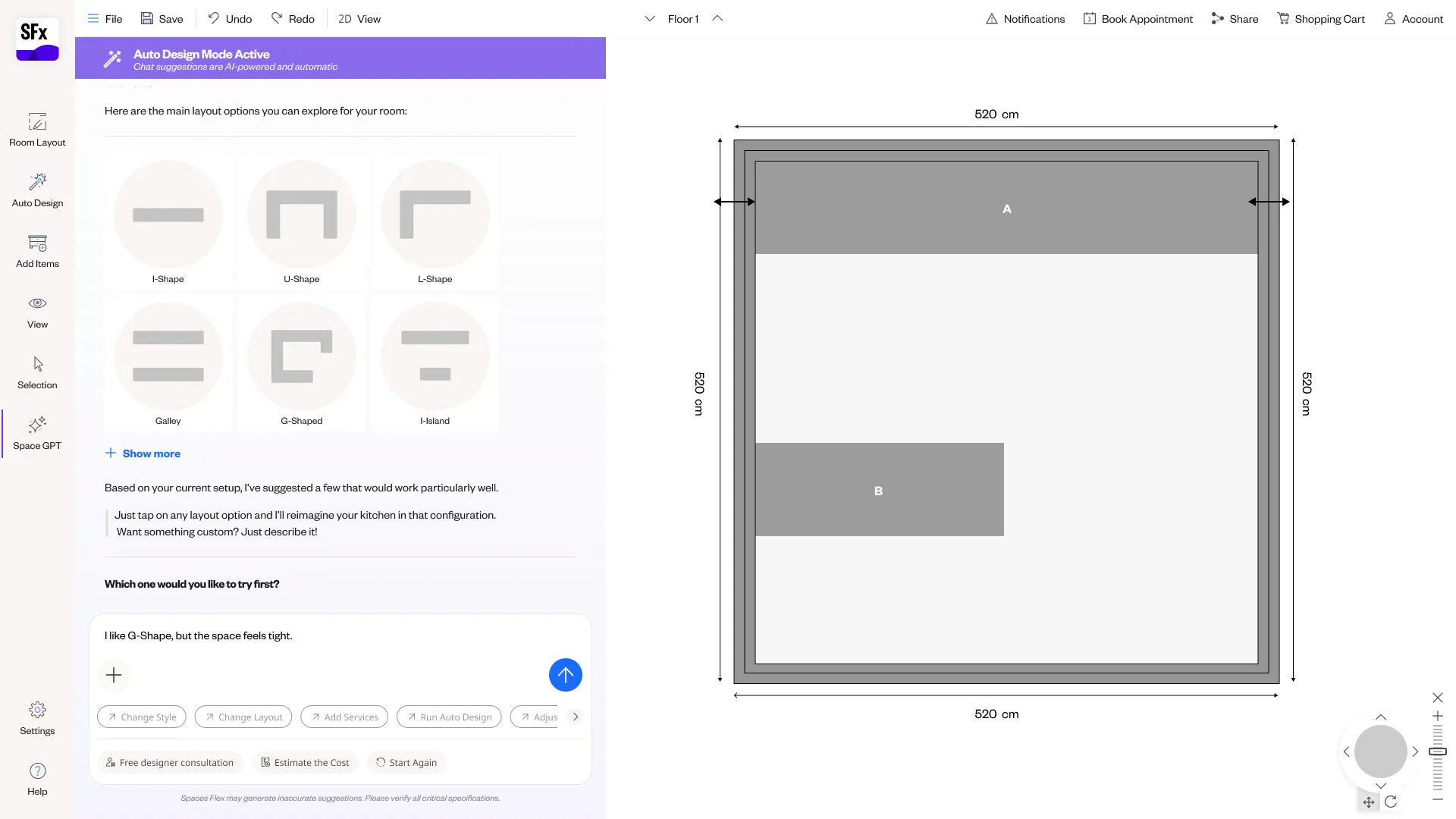 Room-shape options presented on the layout canvas.