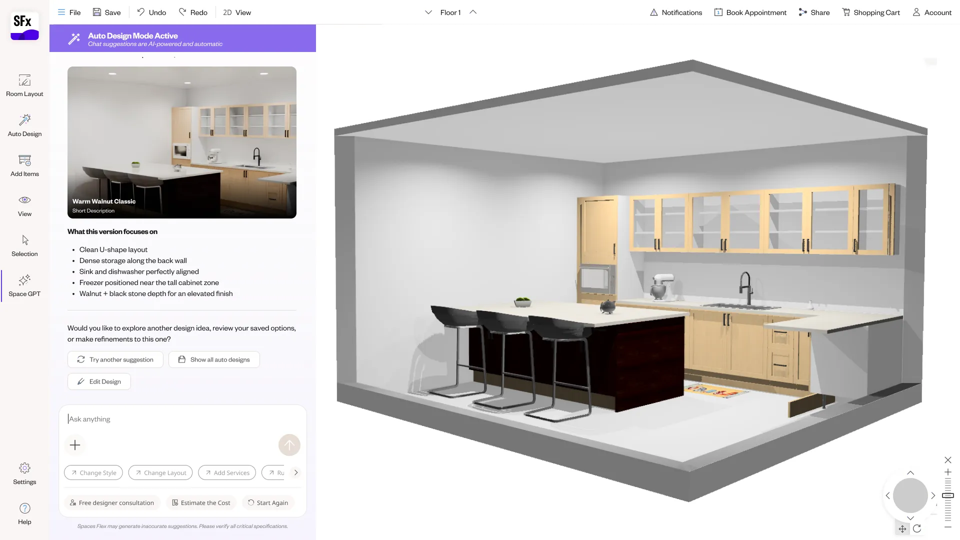 A finished kitchen rendered in 3D inside the planner, with inspiration and the conversation alongside.