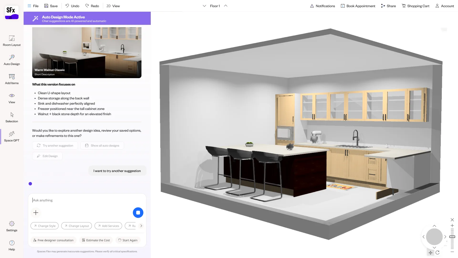 A kitchen designed in 3D inside the Spaces Flex planner — cabinets, island and appliances in a rendered room — with the NLP conversation on the left.