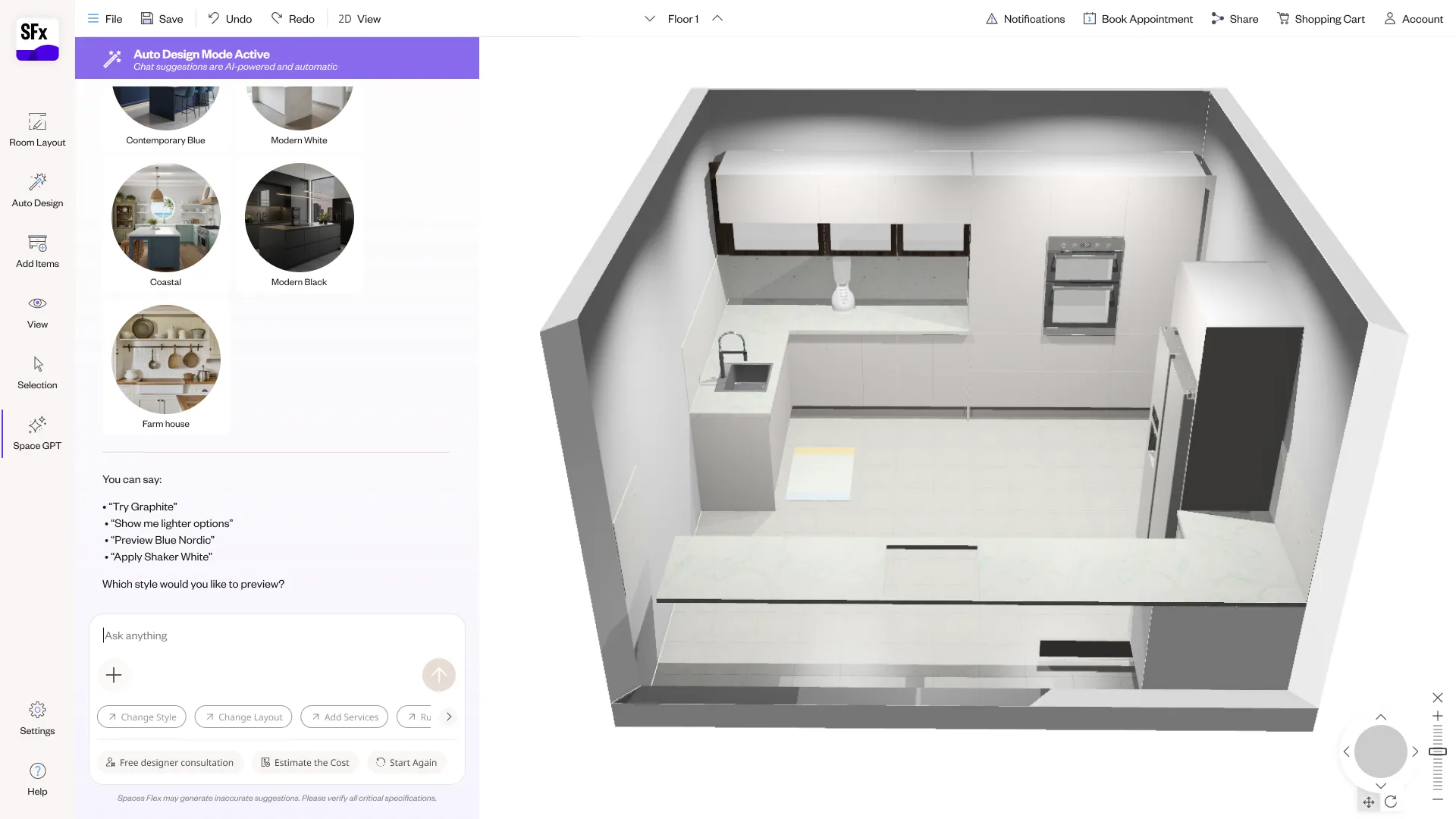 A bathroom being planned in 3D in Spaces Flex.