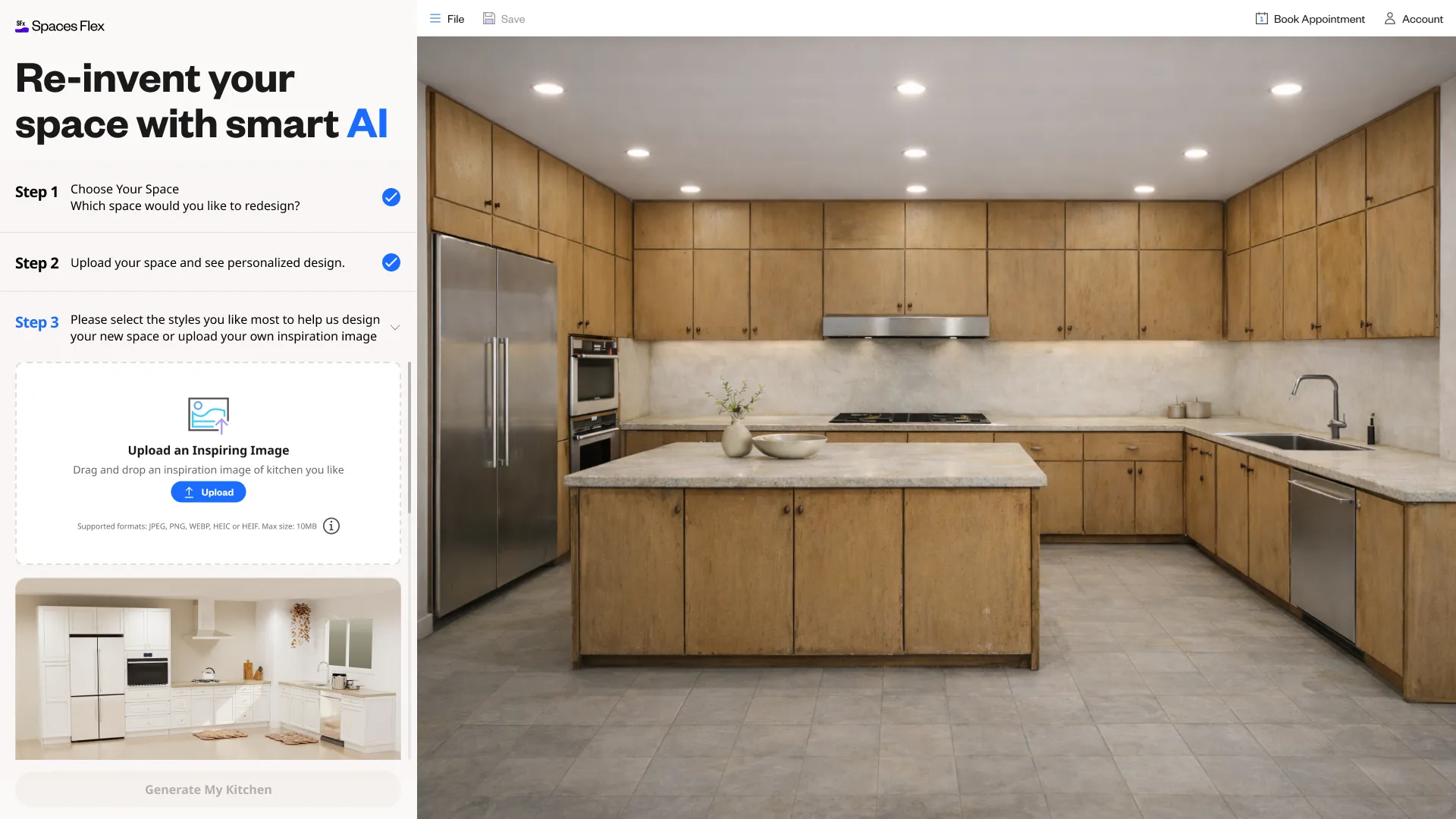 The “Re-invent your space with smart AI” entry on desktop: choose the space to redesign and upload a photo, with a kitchen render alongside.