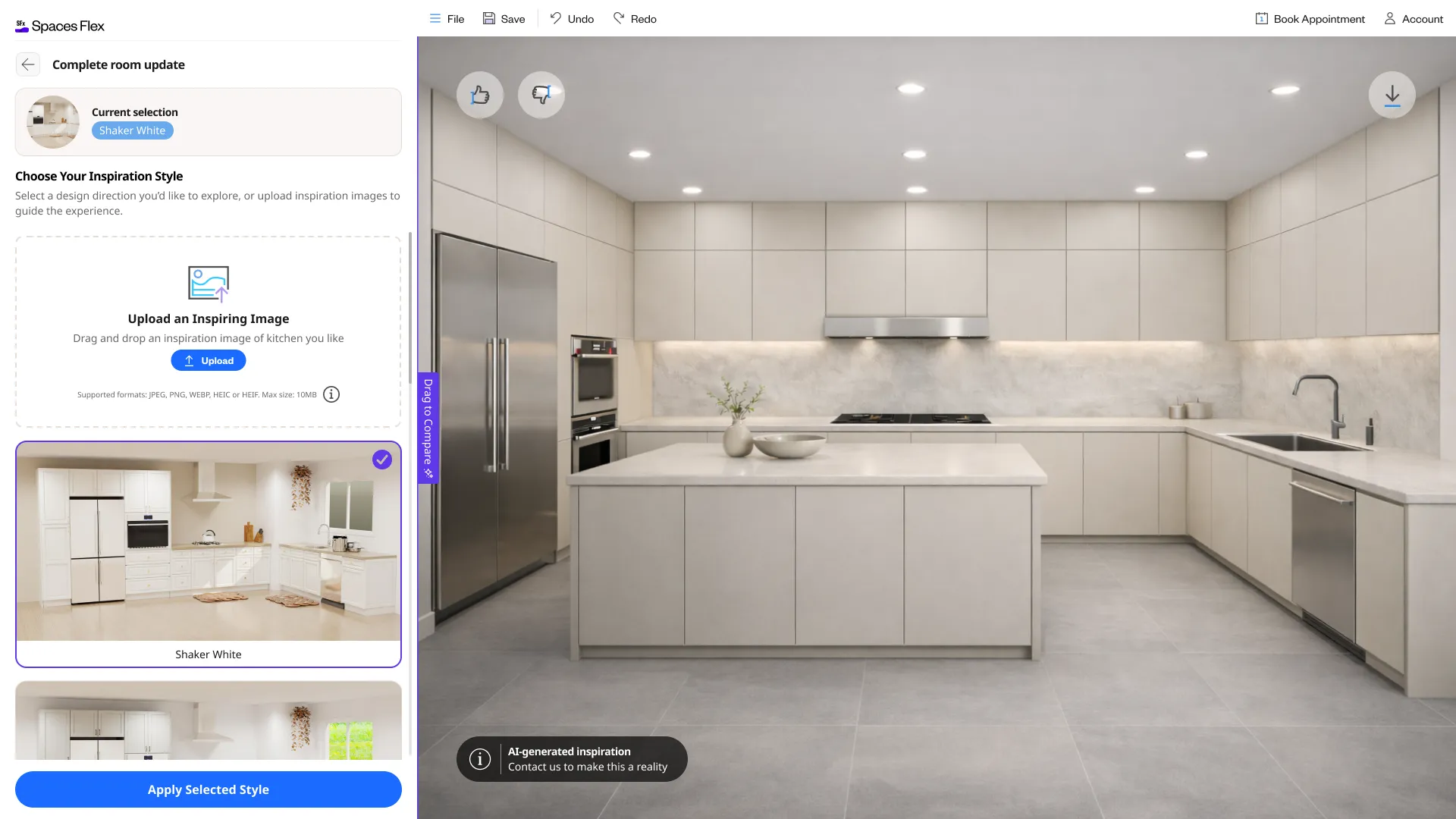 An inspiration-style panel on desktop: upload or choose an inspiration image to steer the redesign.