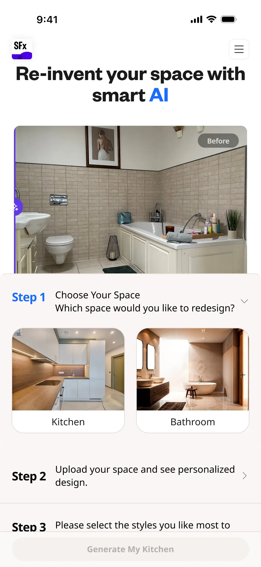 The mobile entry — choose your space, upload it, select styles.