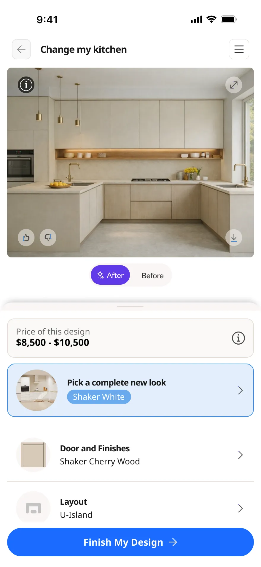 “Change my kitchen” on mobile — pick a complete new look, with layout and finishes.