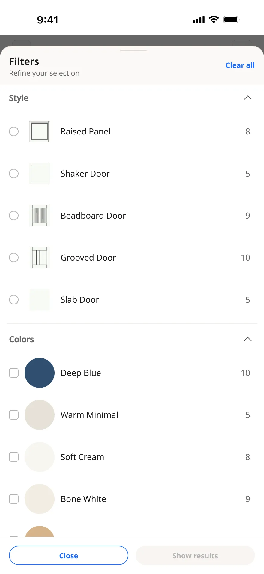 A mobile filters sheet — style and colour.