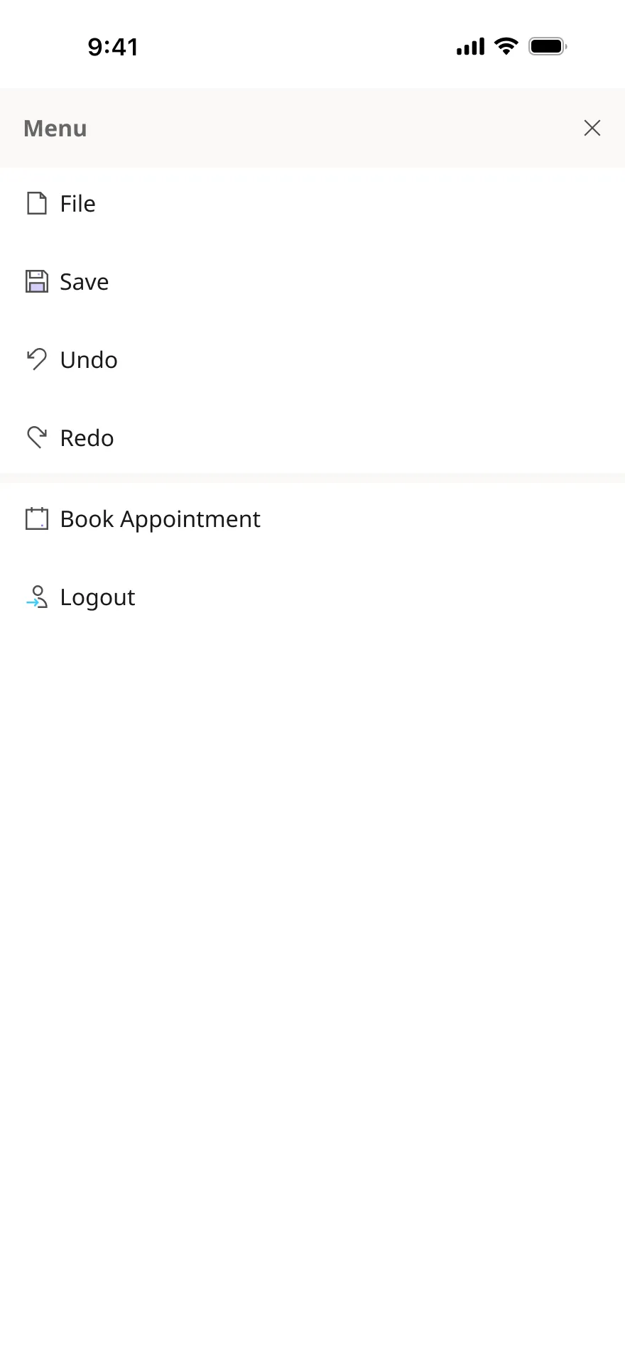 A mobile menu with File, Save, Book Appointment and Logout — the path to a designer.