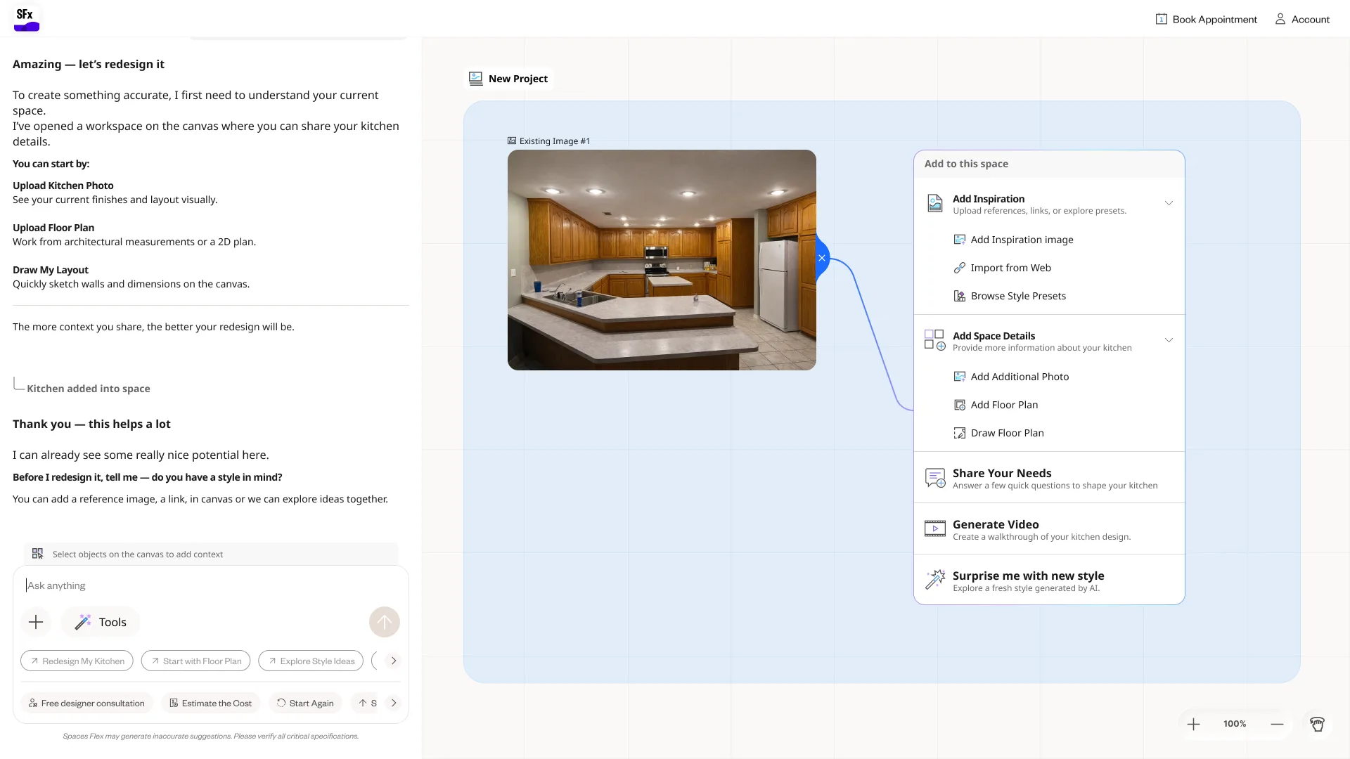 An “Add to this space” menu on the canvas: Add Inspiration (upload, import from web, browse presets), Add Space Details (photo, floor plan, draw), Share Your Needs, Generate Video, and Surprise me with a new style.