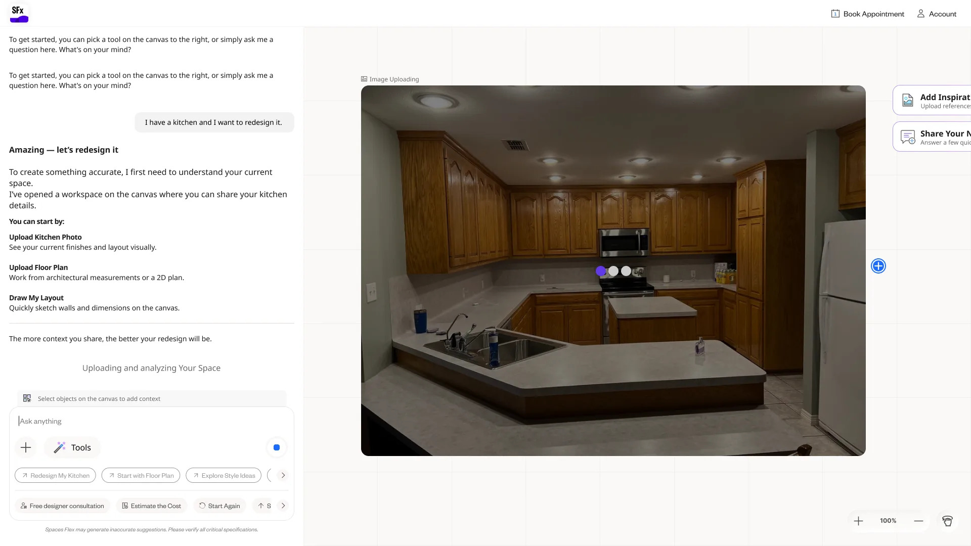 A generated kitchen render sitting as a node on the freeform canvas, with the conversation alongside.