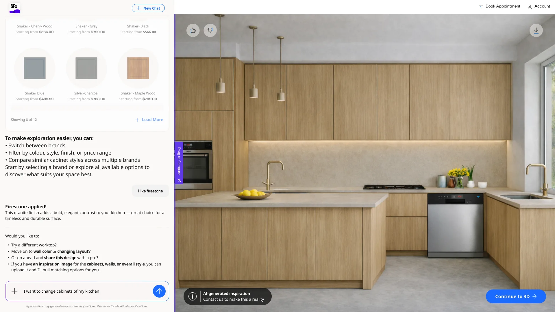 The two-pane AI Showroom canvas: conversation and catalog on the left, a live kitchen render on the right.