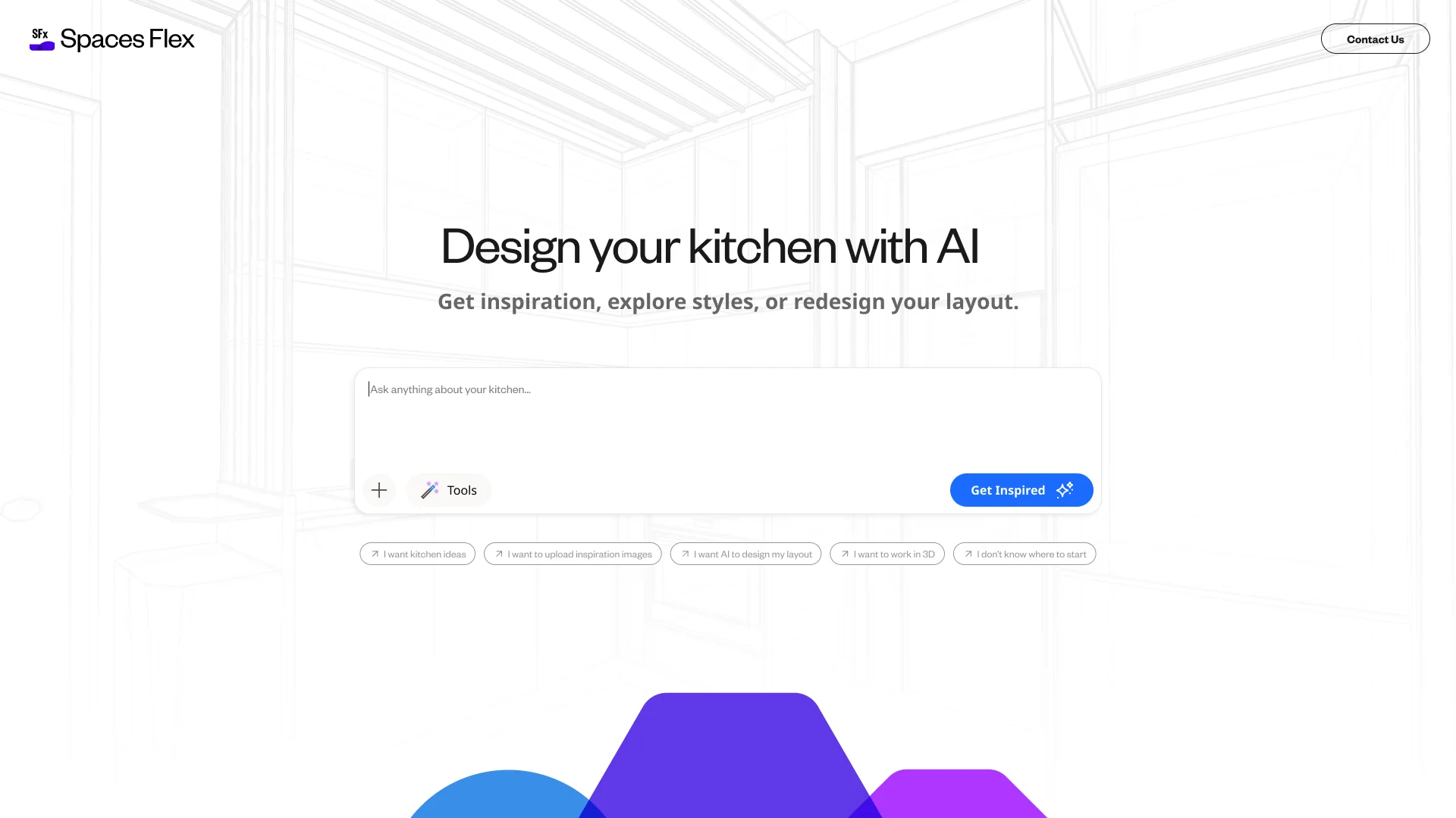 AI Showroom desktop landing: “Design your kitchen with AI — get inspiration, explore styles, or redesign your layout,” with a prompt box and starting suggestions.