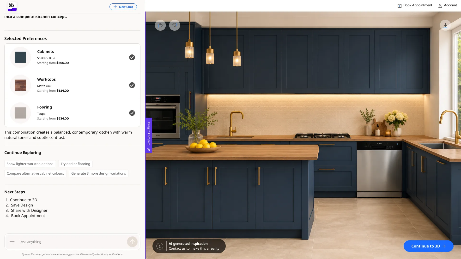 A fully configured kitchen rendered live on the canvas.