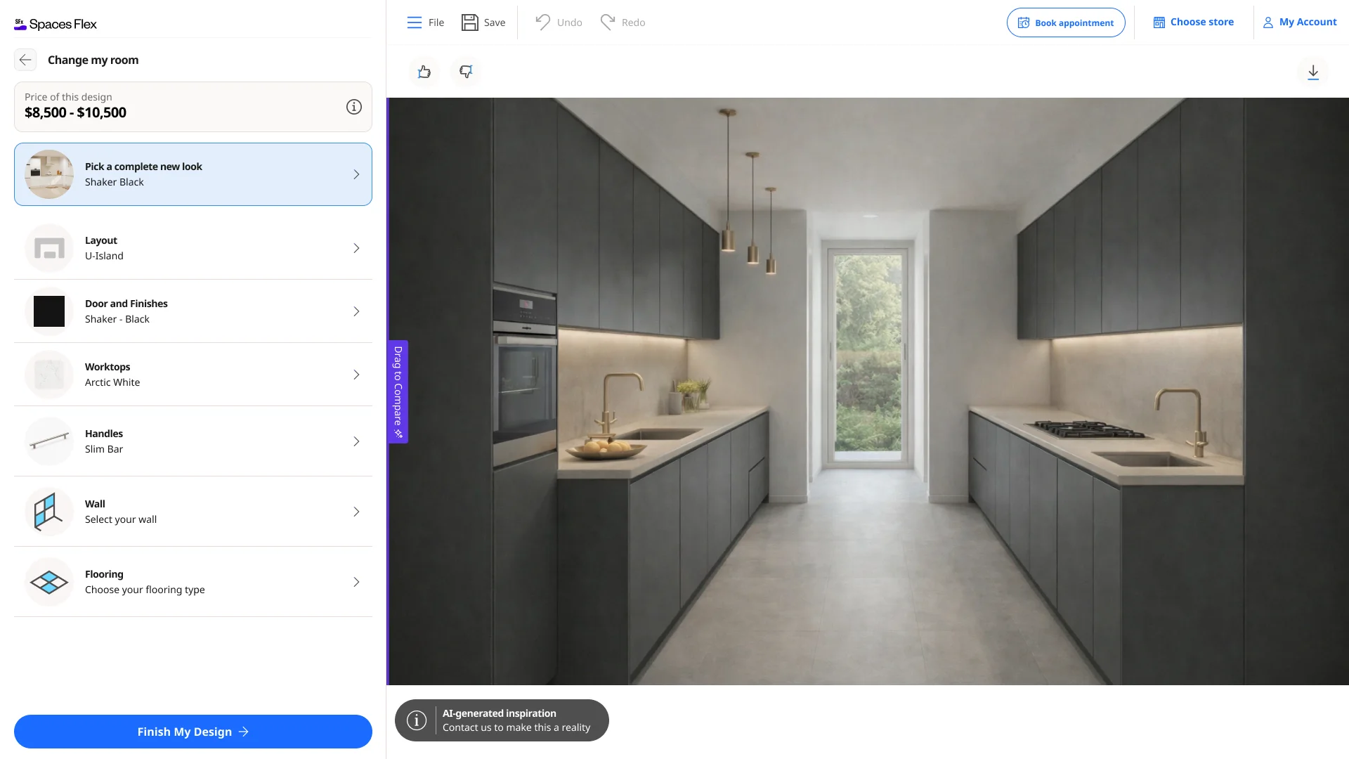 The Spaces Flex configurator with a “Choose store” action in the top bar, beside a finished kitchen design and its price.