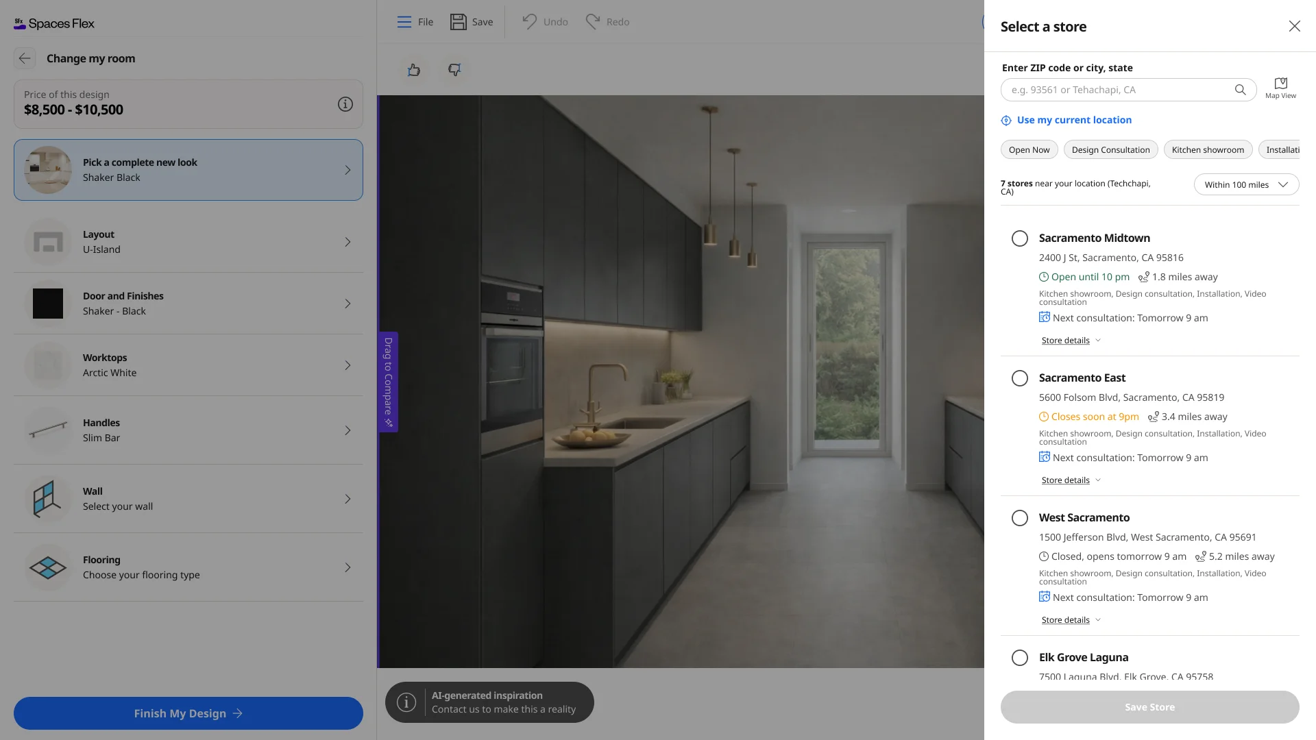 The Store Selector showing stores near the user's precise location, each with a live opening status — open, closing soon, or closed.