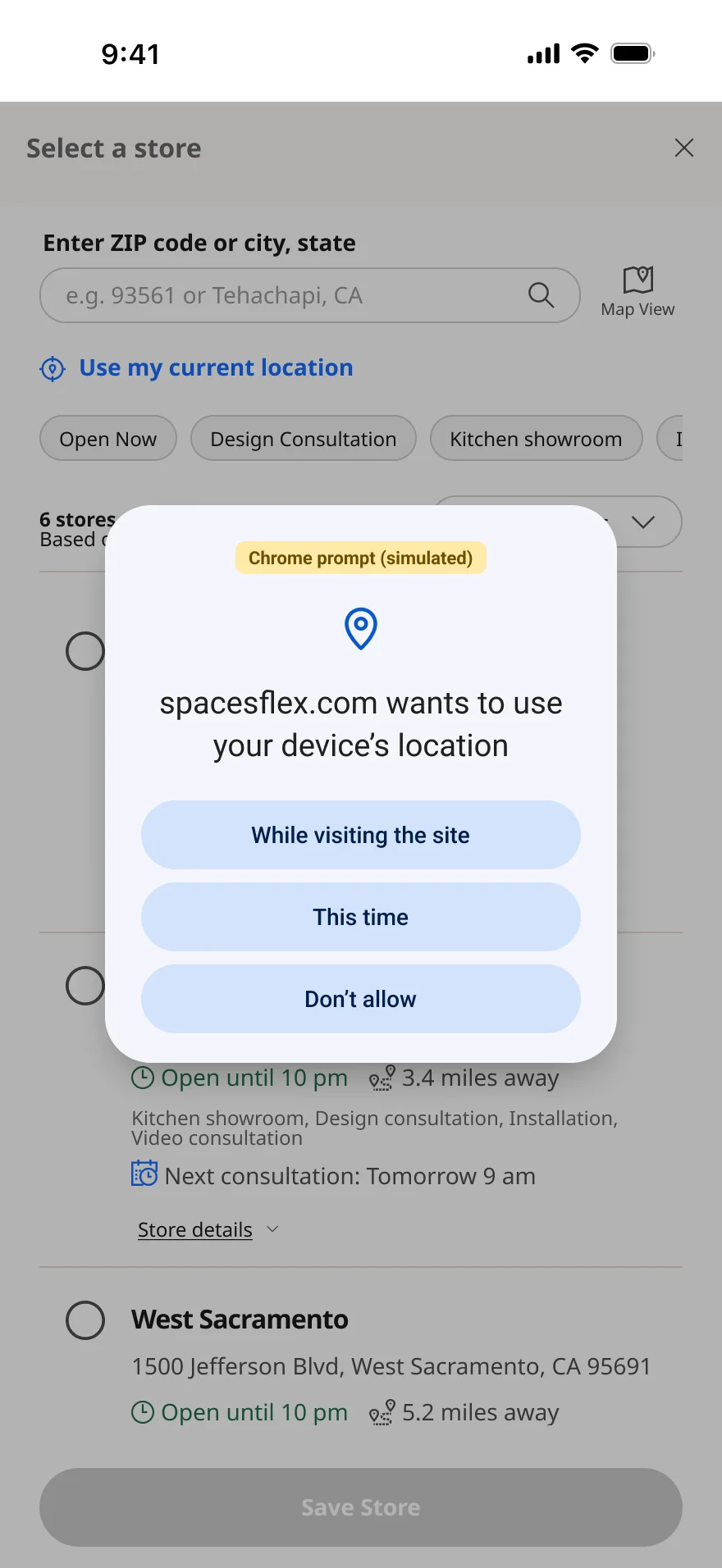 A native location-permission prompt on mobile over the store sheet.