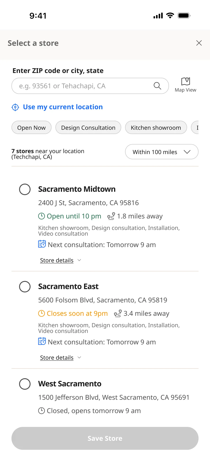 Store Selector mobile — screen 5.