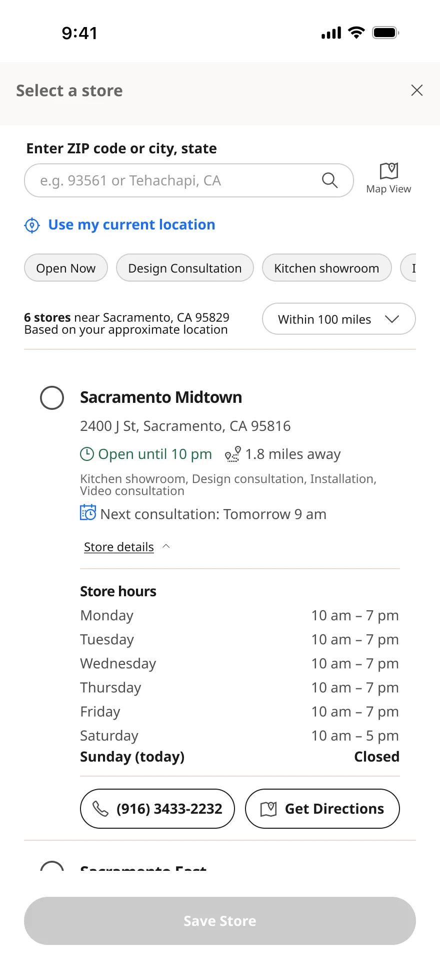 Expanded store details on mobile: weekly hours, phone and directions.