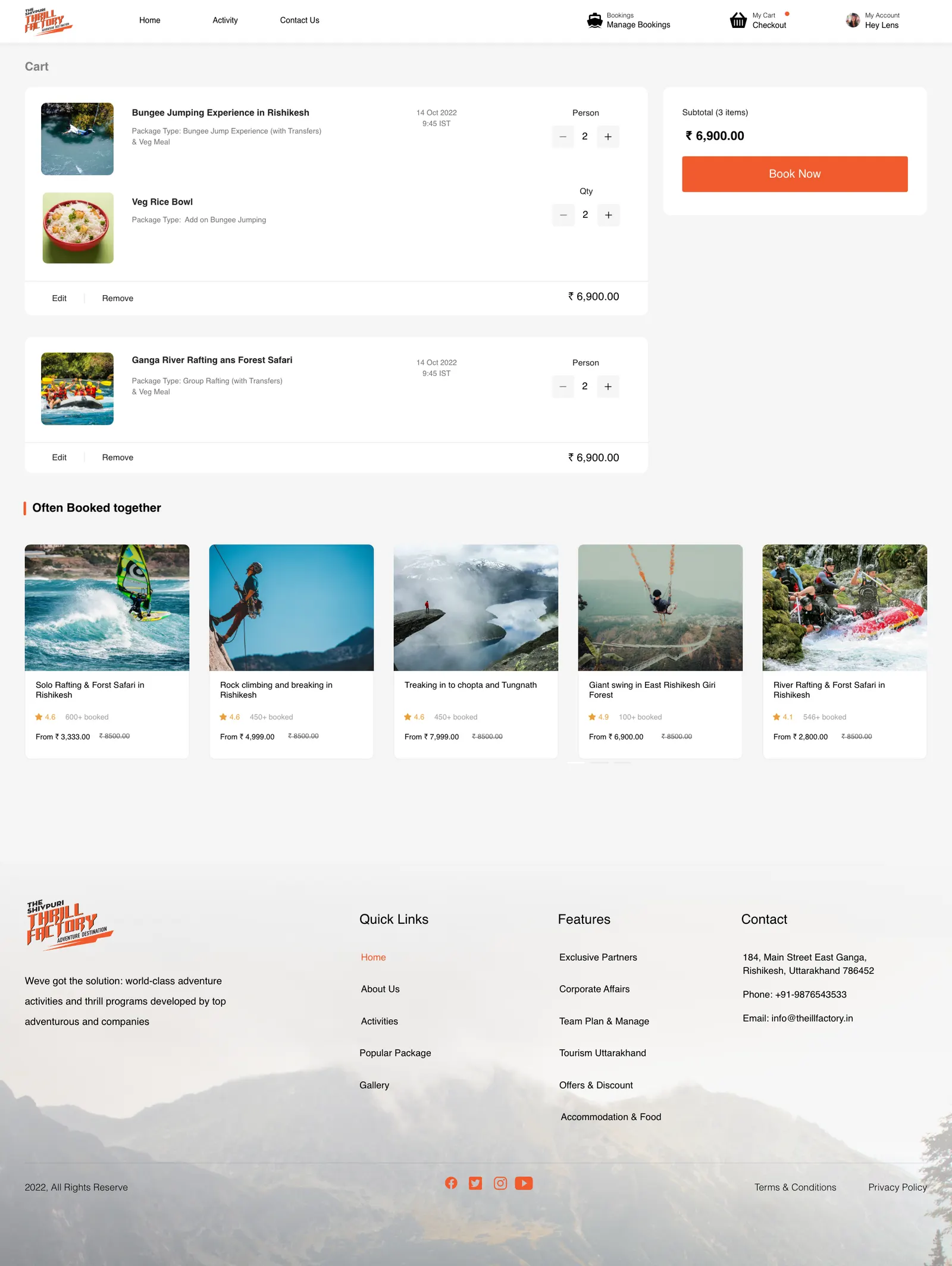Cart — review activities (and add a meal) before checkout.
