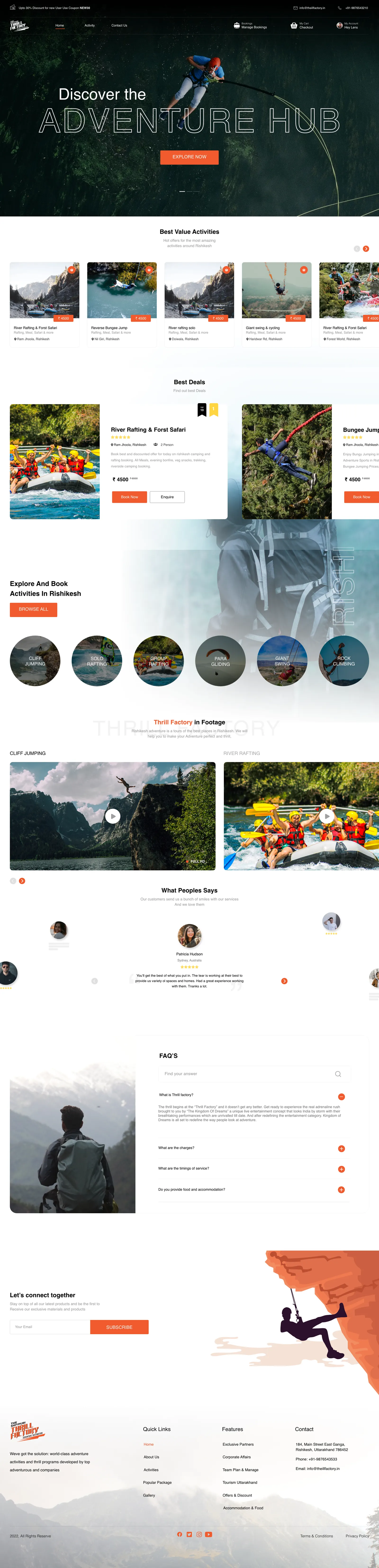 The Thrill Factory homepage: a cinematic “Discover the Adventure Hub” hero over a bungee-jumping photo, with an orange Explore Now call to action.